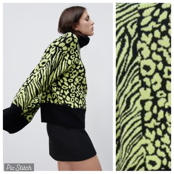 NWOT. Zara Black/Green Printed Knit Sweater. Size S. - Picture 3 of 8